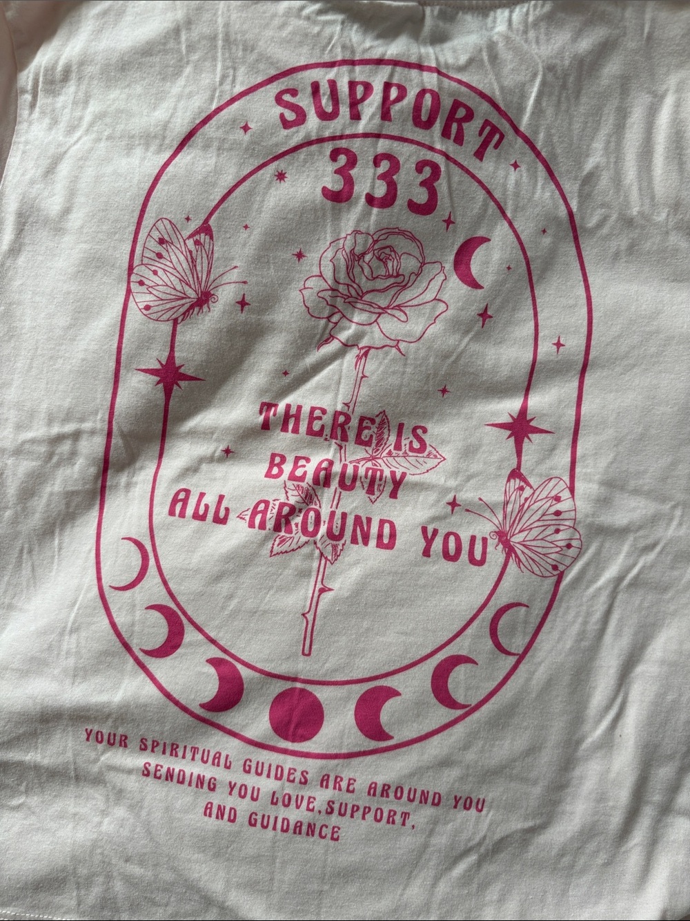 Women’s Pink Crop Top Graphic Tee Angel Number 333 Rose Sparkles Butterflies - Picture 9 of 9